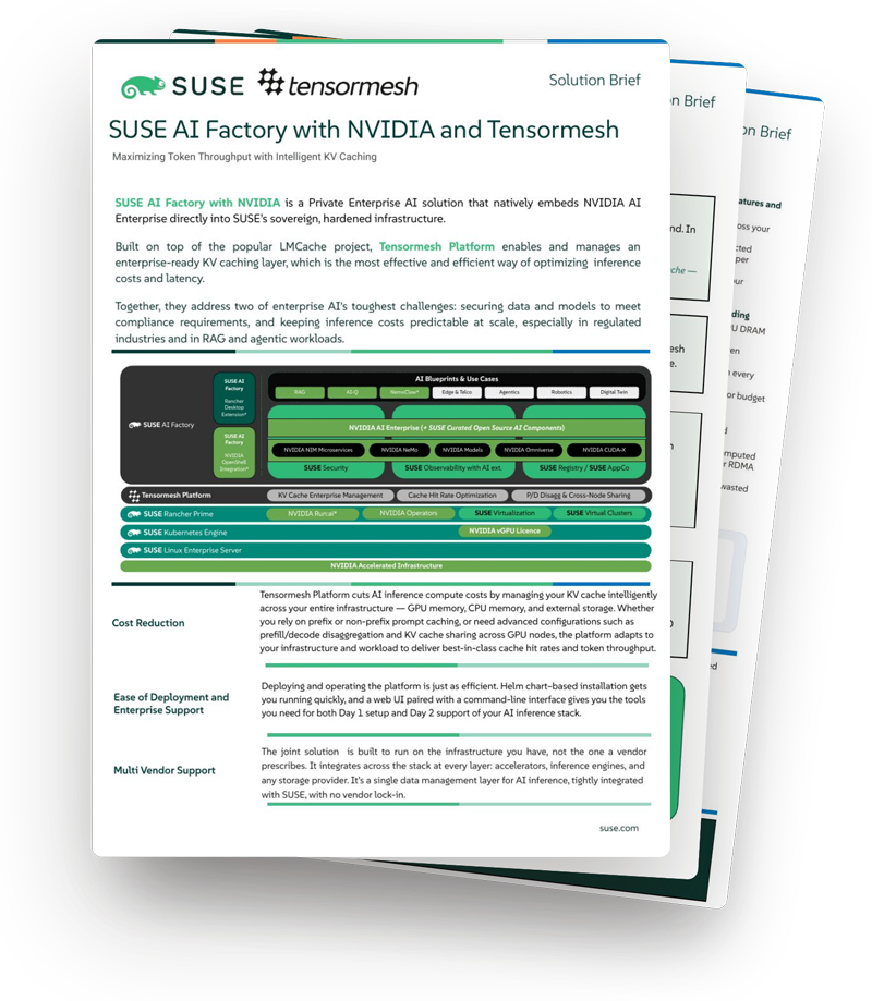 Solution brief for SUSE AI Factory with NVIDIA and Tensormesh, featuring a technical diagram of the architecture and a summary of performance benefits.